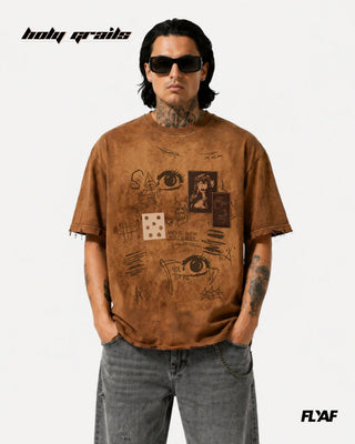 Men in Street Style 'Cryptic Canvas' Brown 240 GSM 100% Cotton Screen Print & DTF Patch Graphic T-Shirt HG x FLYAF - Front