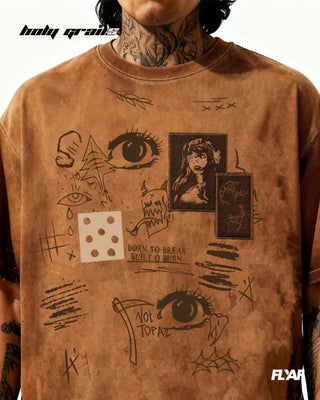 Men in Street Style 'Cryptic Canvas' Brown 240 GSM 100% Cotton Screen Print & DTF Patch Graphic T-Shirt HG x FLYAF - Front Close Up
