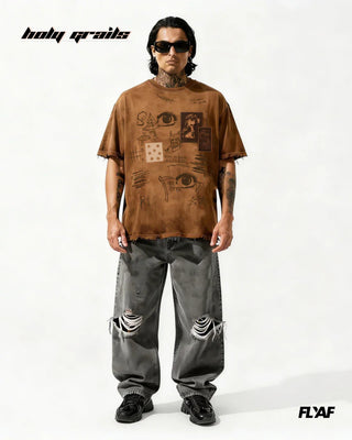 Men in Street Style 'Cryptic Canvas' Brown 240 GSM 100% Cotton Screen Print & DTF Patch Graphic T-Shirt HG x FLYAF - Front Full