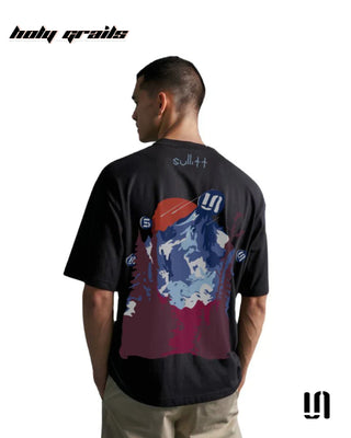 Men in Street Style 'Dawning Mountain' Black 240 GSM 100% French Terry Cotton Puff Printed Oversized Tee HG x Sullitt - Back