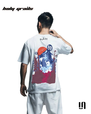 Men in Street Style 'Dawning Mountain' White 240 GSM 100% French Terry Cotton Puff Printed Oversized Tee HG x Sullitt - Back