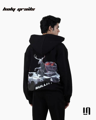 Men in Street Style 'Deer Drive' Black 350 GSM Cotton Fleece Zipper Graphic Oversize Hoodie HG x Sullitt - Back Full