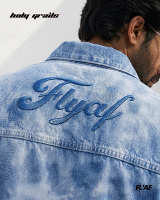 Men in Street Style 'Denim Yoke Rebel' Blue 100% Cotton Puff Embroidery Half Sleeve Shirt HG x FLYAF - Back Close Up