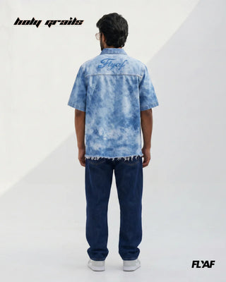 Men in Street Style 'Denim Yoke Rebel' Blue 100% Cotton Puff Embroidery Half Sleeve Shirt HG x FLYAF - Back Full