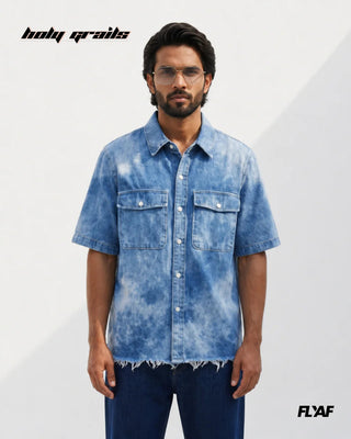 Men in Street Style 'Denim Yoke Rebel' Blue 100% Cotton Puff Embroidery Half Sleeve Shirt HG x FLYAF - Front