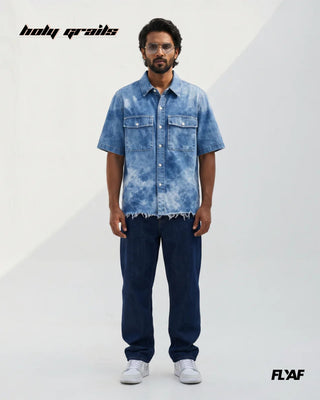 Men in Street Style 'Denim Yoke Rebel' Blue 100% Cotton Puff Embroidery Half Sleeve Shirt HG x FLYAF - Front Full