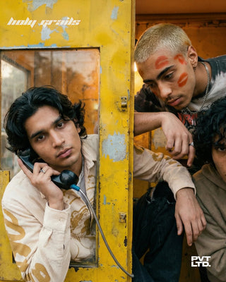 Men in Street Style 'Divine Love' Mustard Yellow Striped Oversize Graphic Full Sleeve Shirt HG x Pvt Ltd - Front Close