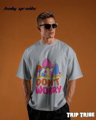Men in Street Style 'Don’t Worry' Grey Melange 240 GSM 100% Cotton Oversize Tee HG x Trip Tribe - Front