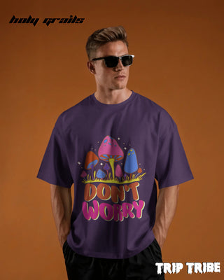 Men in Street Style 'Don’t Worry' Purple 240 GSM 100% Cotton Oversize Tee HG x Trip Tribe - Front
