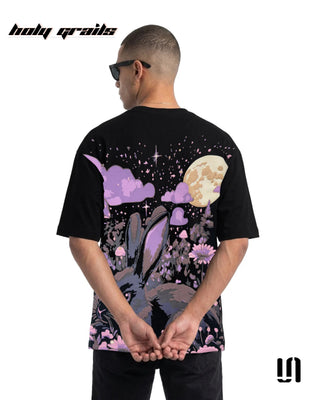 Men in Street Style 'Eclipse Bunny' Black 240 GSM French Terry Oversize Graphic T-Shirt HG x Sullitt - Back Hand Crossed 