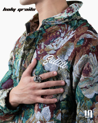 Men in Street Style 'Floral Threads' Multi-Color Imported Jacquard Printed Zipper Jacket HG x Sullitt - Front Side Close Up