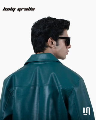 Men in Street Style 'Green Shadow' Croc Texture Faux Leather Zipper Jacket HG x Sullitt - Back Close Up