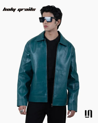 Men in Street Style 'Green Shadow' Croc Texture Faux Leather Zipper Jacket HG x Sullitt - Front 1
