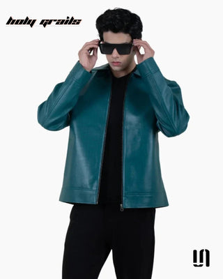 Men in Street Style 'Green Shadow' Croc Texture Faux Leather Zipper Jacket HG x Sullitt - Front 2