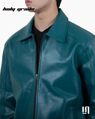 Men in Street Style 'Green Shadow' Croc Texture Faux Leather Zipper Jacket HG x Sullitt - Front Close Up
