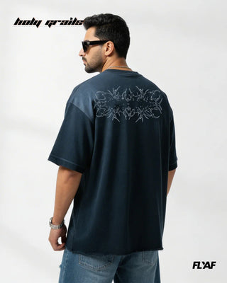 Men in Street Style 'Idol Annihilator' Blue Acid Wash 240 GSM 100% Cotton Screen Print & Kantha Embroidery Graphic T-Shirt HG x FLYAF - Back
