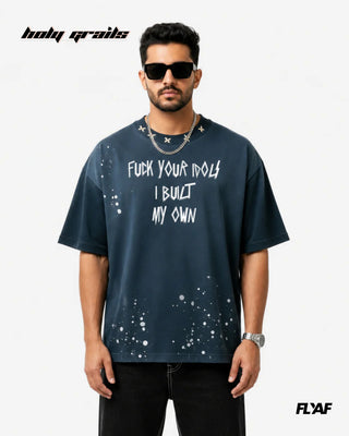 Men in Street Style 'Idol Annihilator' Blue Acid Wash 240 GSM 100% Cotton Screen Print & Kantha Embroidery Graphic T-Shirt HG x FLYAF - Front