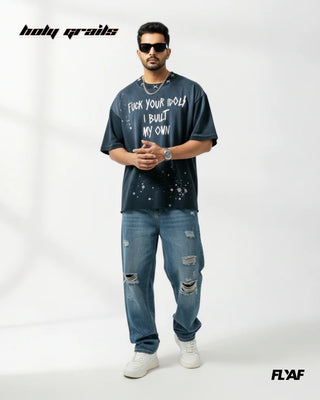 Men in Street Style 'Idol Annihilator' Blue Acid Wash 240 GSM 100% Cotton Screen Print & Kantha Embroidery Graphic T-Shirt HG x FLYAF - Front Full