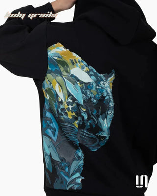 Men in Street Style 'Leopard Blaze' Black 350 GSM Cotton Fleece Graphic Oversize Hoodie HG x Sullitt - Back Print Close