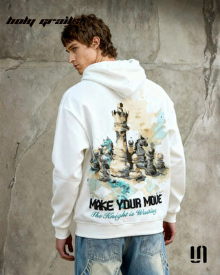 Men in Street Style 'Make Your Move Chess' White 400 GSM Cotton Fleece Graphic Oversize Hoodie HG x Sullitt - Back