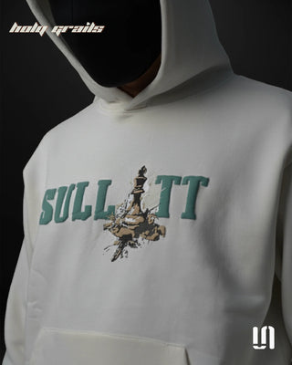 Men in Street Style 'Make Your Move Chess' White 400 GSM Cotton Fleece Graphic Oversize Hoodie HG x Sullitt - Front Side Close Up