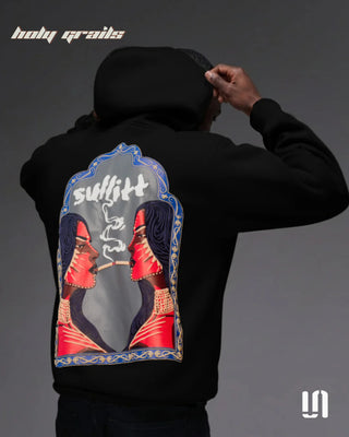 Men in Street Style 'Midnight Lady Smoke' Black 400 GSM Cotton Fleece Puff Printed Oversize Hoodie HG x Sullitt - Back with Hood On