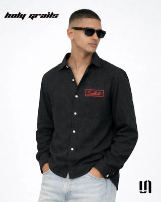 Men in Street Style 'Midnight' Black Linen Full Sleeve Shirt HG x Sullitt - Front 1