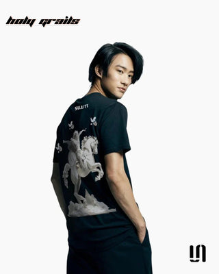 Men in Street Style 'Mighty Horse' Black 240 GSM 100% French Terry Cotton Puff Printed Oversized Tee HG x Sullitt - Back Side