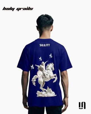 Men in Street Style 'Mighty Horse' Blue 240 GSM 100% French Terry Cotton Puff Print Oversized Tee HG x Sullitt - Back