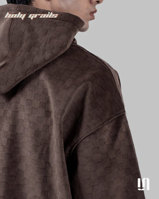 Men in Street Style 'Mocha Comfort' Brown 400 GSM Suede Oversize Hoodie HG x Sullitt - Back Close Up