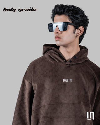 Men in Street Style 'Mocha Comfort' Brown 400 GSM Suede Oversize Hoodie HG x Sullitt - Front Close Up