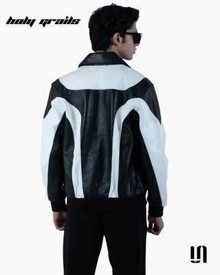 Men in Street Style 'Monochrome' Black White 100% Pure Lamb Leather Zipper Jacket HG x Sullitt - Back