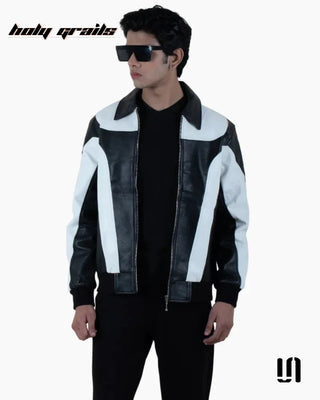 Men in Street Style 'Monochrome' Black White 100% Pure Lamb Leather Zipper Jacket HG x Sullitt - Front