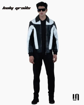 Men in Street Style 'Monochrome' Black White 100% Pure Lamb Leather Zipper Jacket HG x Sullitt - Front Full