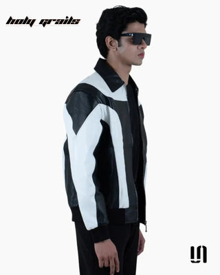 Men in Street Style 'Monochrome' Black White 100% Pure Lamb Leather Zipper Jacket HG x Sullitt - Front Side