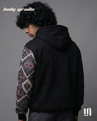 Men in Street Style 'One Sleeve Jacquard' Black 400 GSM Cotton Fleece Zipper Oversize Hoodie HG x Sullitt - Back Side