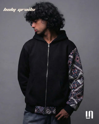 Men in Street Style 'One Sleeve Jacquard' Black 400 GSM Cotton Fleece Zipper Oversize Hoodie HG x Sullitt - Front 2