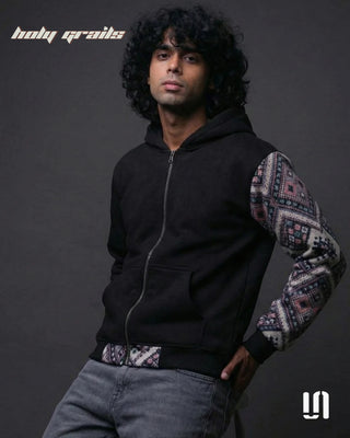 Men in Street Style 'One Sleeve Jacquard' Black 400 GSM Cotton Fleece Zipper Oversize Hoodie HG x Sullitt - Front Side