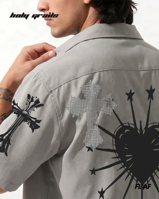 Men in Street Style 'Poly Crossstar' Grey 100% Polyester Beads Detailing Half Sleeve Shirt HG x FLYAF - Back Close Up