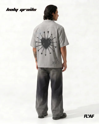 Men in Street Style 'Poly Crossstar' Grey 100% Polyester Beads Detailing Half Sleeve Shirt HG x FLYAF - Back Full
