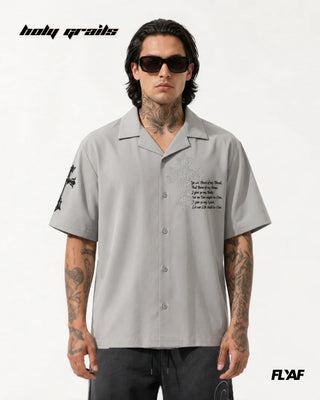 Men in Street Style 'Poly Crossstar' Grey 100% Polyester Beads Detailing Half Sleeve Shirt HG x FLYAF - Front