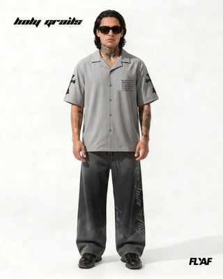 Men in Street Style 'Poly Crossstar' Grey 100% Polyester Beads Detailing Half Sleeve Shirt HG x FLYAF - Front Full