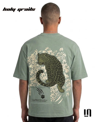 Men in Street Style 'Sage Panther' Green 240 GSM French Terry Cotton Oversize Graphic T-Shirt HG x Sullitt - Back