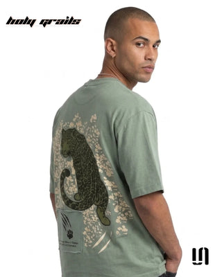 Men in Street Style 'Sage Panther' Green 240 GSM French Terry Cotton Oversize Graphic T-Shirt HG x Sullitt - Back Side