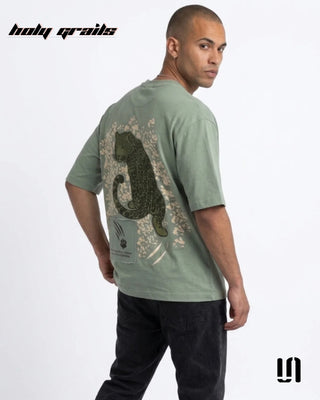 Men in Street Style 'Sage Panther' Green 240 GSM French Terry Cotton Oversize Graphic T-Shirt HG x Sullitt - Back Side Full