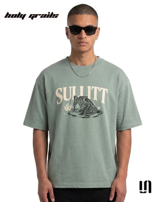 Men in Street Style 'Sage Panther' Green 240 GSM French Terry Cotton Oversize Graphic T-Shirt HG x Sullitt - Front