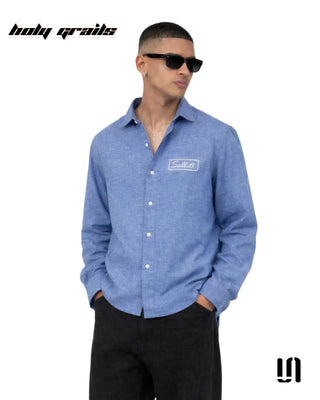 Men in Street Style 'Seabreeze' Blue Linen Full Sleeve Shirt HG x Sullitt - Front 2