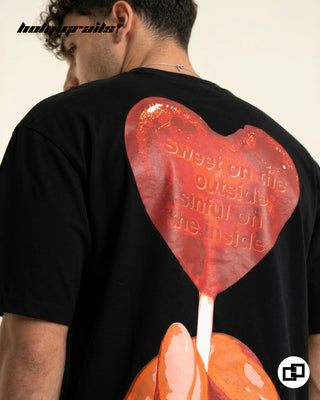 Men in Street Style 'Sinful Delight' Black 100% Cotton 240 GSM Graphic Printed Oversize Tee HG x Grey Hound - Back Close Up