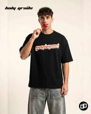Men in Street Style 'Sinful Delight' Black 100% Cotton 240 GSM Graphic Printed Oversize Tee HG x Grey Hound - Front