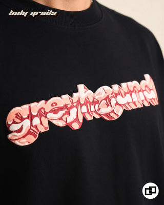 Men in Street Style 'Sinful Delight' Black 100% Cotton 240 GSM Graphic Printed Oversize Tee HG x Grey Hound - Front Close Up